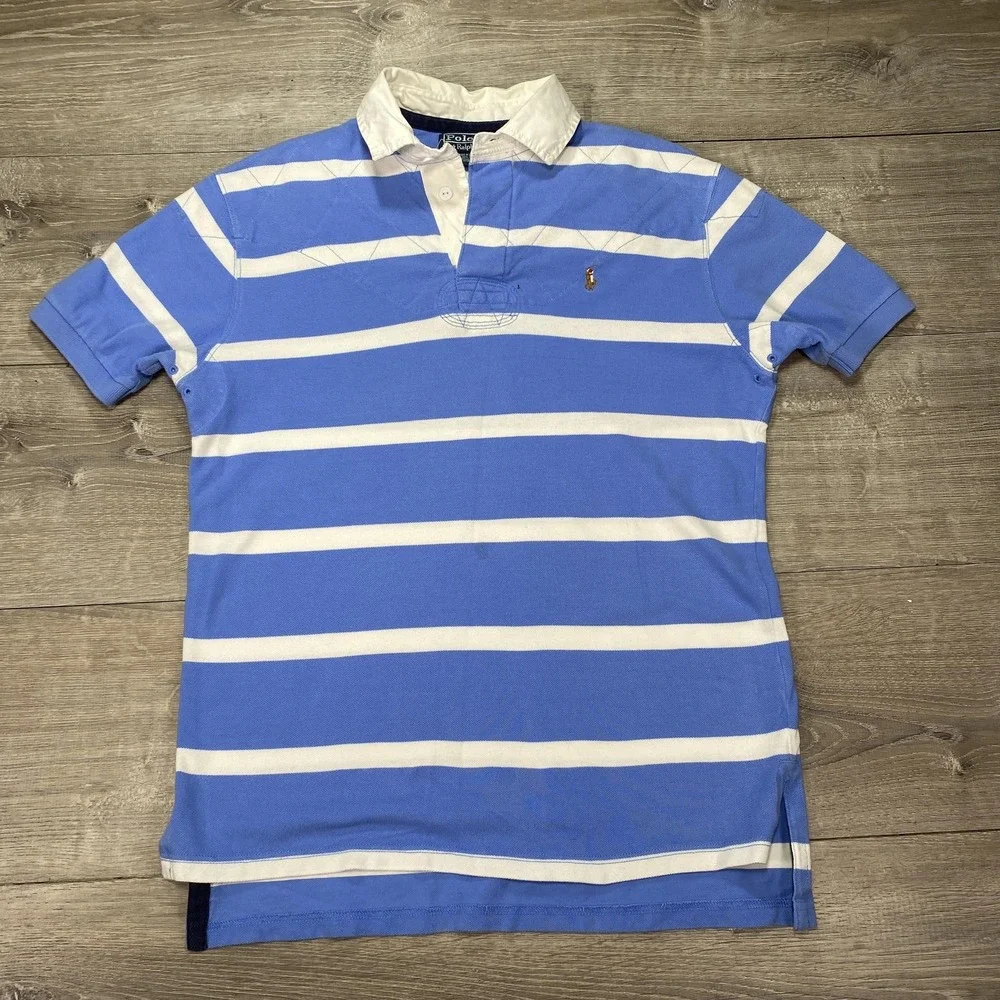 Polo Ralph Lauren Polo Shirt Mens Large Green Navy Striped Custom Fit Rugby Logo - Picture 9 of 16